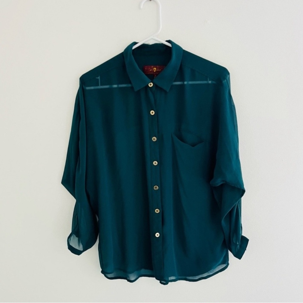 7 For All Mankind Green Sheer Long Sleeve Button Down Blouse Small